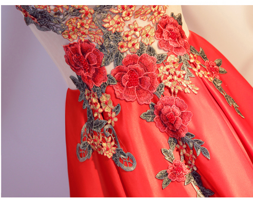 ชุดราตรียาวไซส์ใหญ่พิเศษ แขนกุด แต่งดอกไม้ กระโปรงผ้าซาติน (เชือกผูกหลัง)