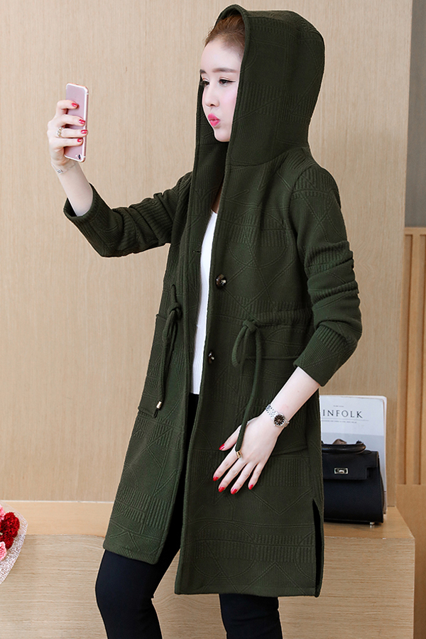 คาร์ดิแกน เสื้อคลุมกันหนาวตัวยาว มีฮู้ด แต่งกระเป๋าคู่ (12051B)