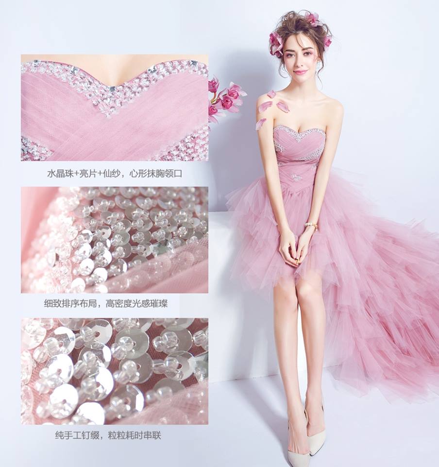 Pre-order ชุดแฟนซี ชุดราตรีสั้น หน้าสั้นหลังยาว สีชมพู เกาะอก จับจีบ ปักเลื่อมช่วงอก กระโปรงเป็นชั้น เชือกผูกหลัง