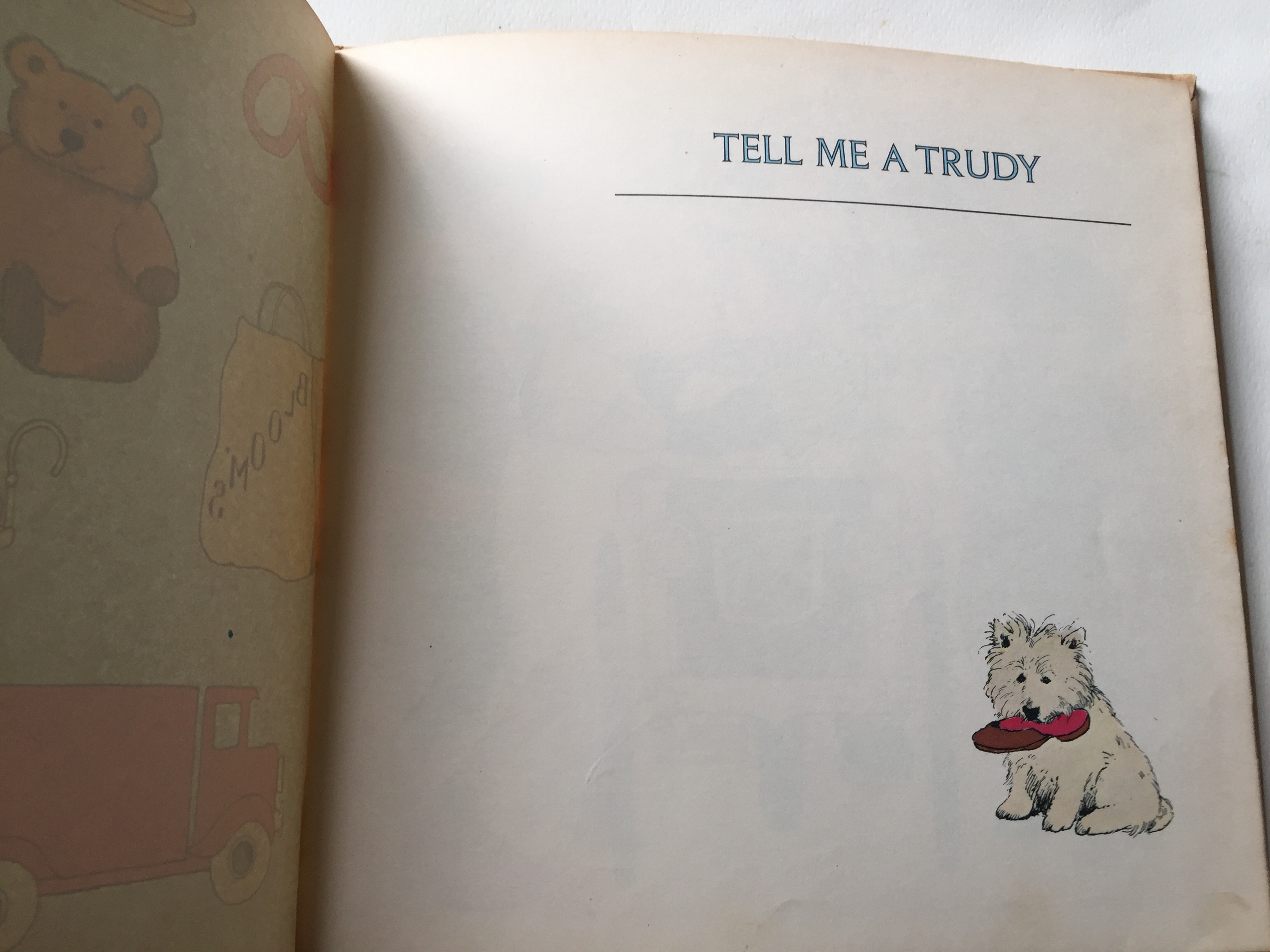 หนังสือภาพวาดสวยปกแข็ง ฉบับภาษาอังกฤษ, ** มีตำหนิตามภาพ, มีรอยเขียนชื่อ belong to Art Singtoroj, TELL ME A TRUDY โดย LORE SEGAL ภาพโดย ROSEMARY WELLS, ปีที่พิมพ์ 1977