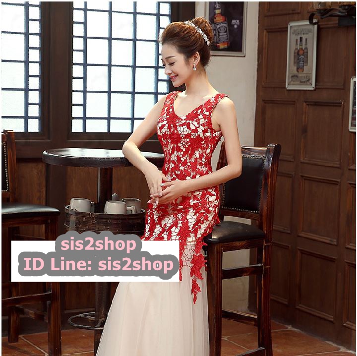 พร้อมส่ง ชุดราตรียาว สีแดง แบบแขนกุด ลายลูกไม้ ทรงหางปลาแต่งผ้าตาข่าย (เชือกผูกหลัง)