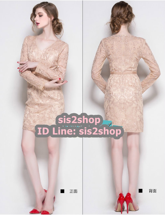 พร้อมส่ง ชุดเดรส/ชุดออกงาน แขนยาว ดีไซน์ผ้าลูกไม้ทั้งชุด พร้อมซับใน สี Apricot (ซิปหลัง) ** เหลือเฉพาะไซส์ 2XL