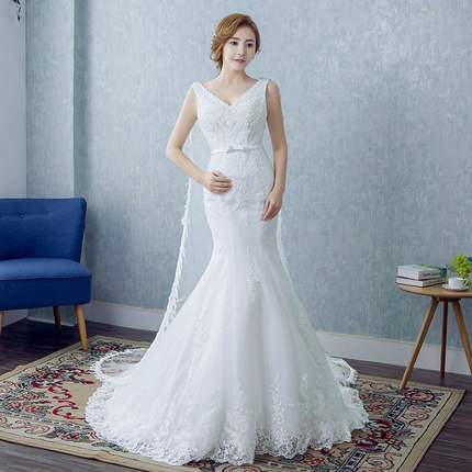 ชุดแต่งงาน แขนกุด ทรงหางปลา เชือกผูกหลัง