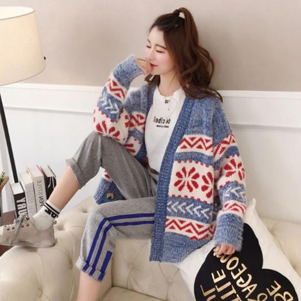 คาร์ดิแกนกันหนาวรุ่นหนา เสื้อคลุมไหมพรมขนนุ่มถักลายวินเทจ (12275B)