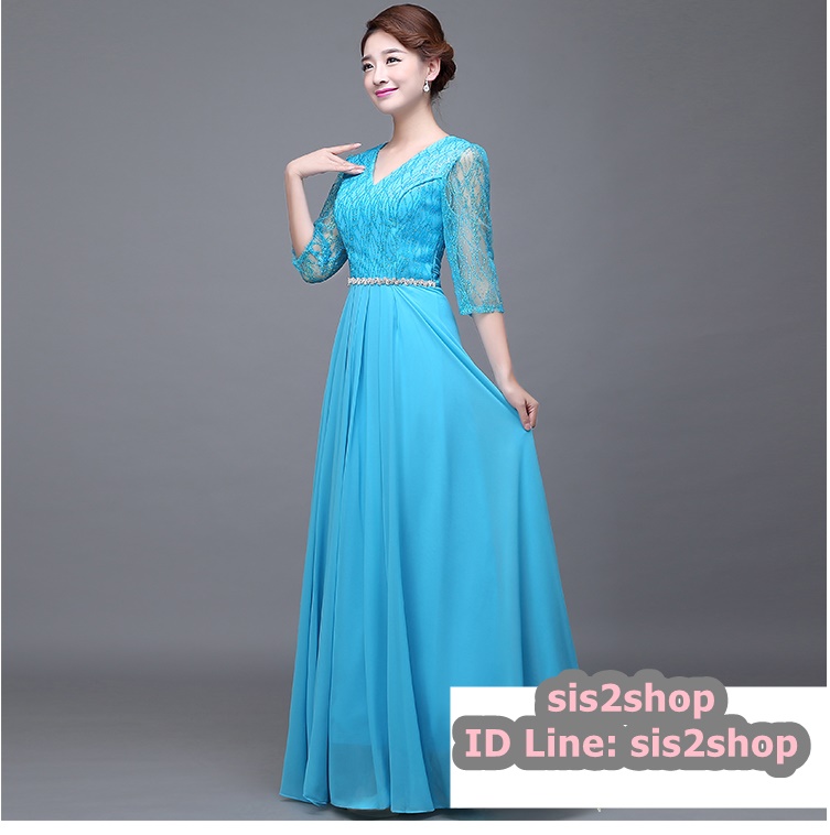 พร้อมส่ง ชุดราตรียาว สีฟ้า แขนสามส่วน แต่งเม็ดกากเพชร ช่วงแขนผ้าโปร่ง สวยหรู คาดเข็มขัดช่วงเอว (***เหลือเฉพาะไซส์ 5XL ,7XL***)