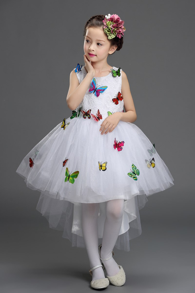 Pre-order ชุดราตรีเด็ก หน้าสั้นหลังยาว แขนกุด ผ้าลูกไม้ กระโปรงตาข่าย แต่งผีเสื้อสามมิติ สวยหวานน่ารักมาๆ