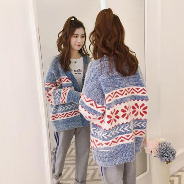 คาร์ดิแกนกันหนาวรุ่นหนา เสื้อคลุมไหมพรมขนนุ่มถักลายวินเทจ (12275B)