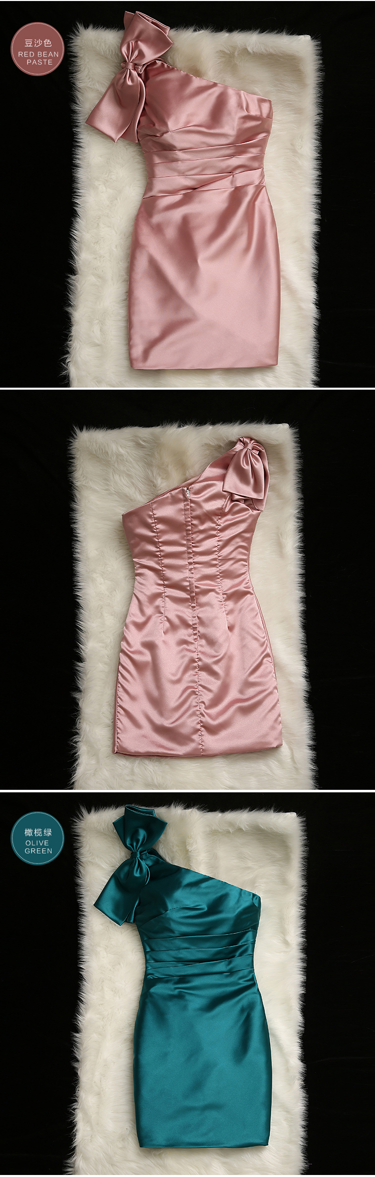 Pre-order ชุดราตรีสั้น เกาะอก ไหล่เดียว แต่งโบว์ มีซิป จับเดรป