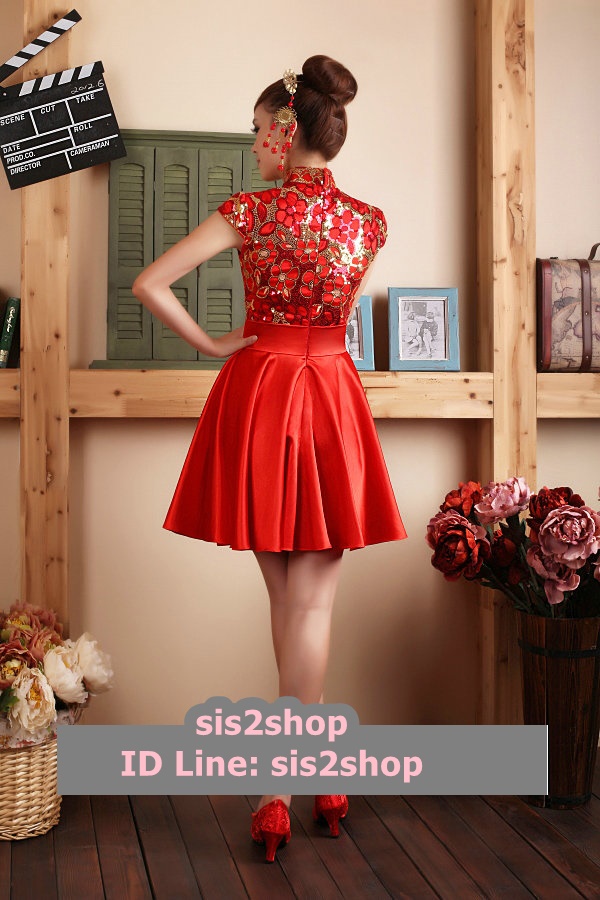 พร้อมเช่า ชุดแฟนซี ชุดราตรีสั้น ชุดกี่เพ้า คอจีน สีแดง กระโปรงจับจีบสวย