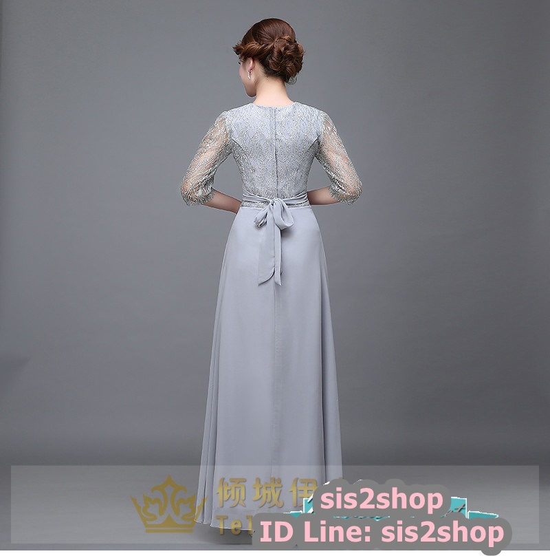 พร้อมส่ง ชุดราตรียาว สีเทา แขนสามส่วน แต่งเม็ดกากเพชร ช่วงแขนผ้าโปร่ง สวยหรู คาดเข็มขัดช่วงเอว (XL-7XL)