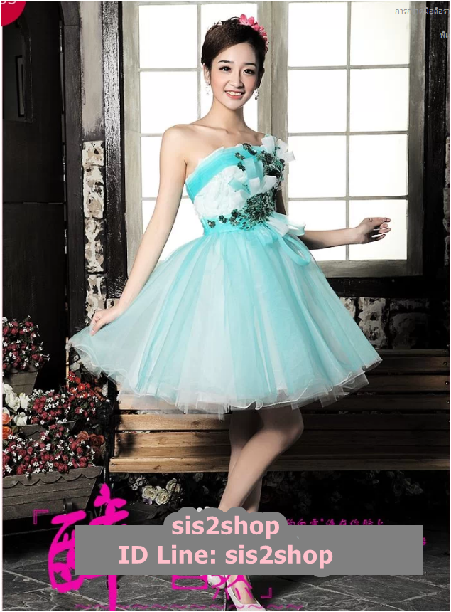 พร้อมเช่า ชุดแฟนซี ชุดราตรีสั้น สีฟ้า เกาะอก แต่งดอกไม้ช่วงอก กระโปรงพองสวย