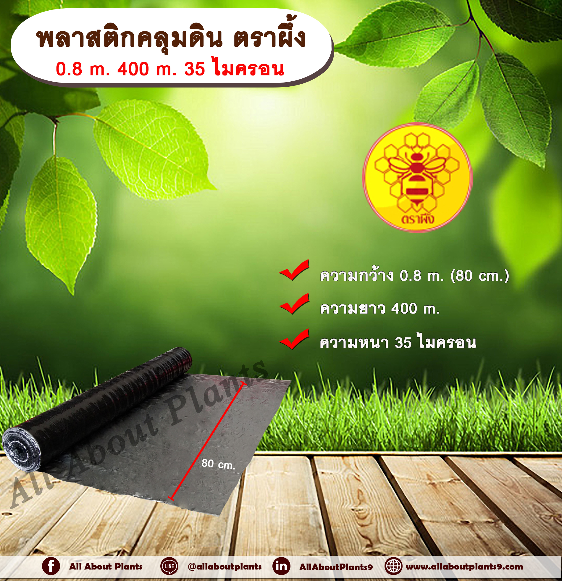 พลาสติกคลุมดิน ตราผึ้ง กว้าง 0.8 เมตร ยาว 400 เมตร หนา 35 ไมครอน พลาสติกคลุมแปลง ผ้าคลุมดิน ผ้าคลุมแปลง คลุมแปลงเกษตร คลุมแปลงเพาะปลูก allaboutplants ชิ้น
