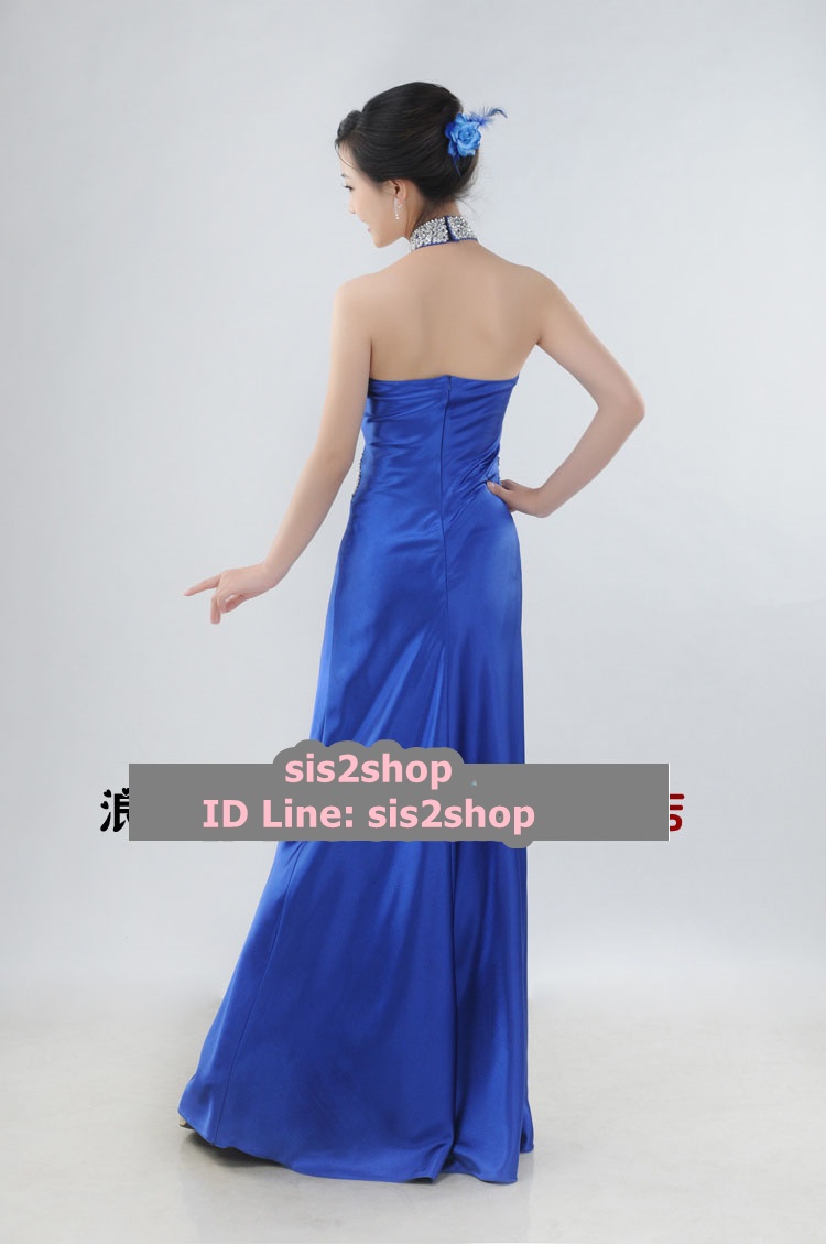 พร้อมส่ง ชุดราตรียาว คล้องคอ สีน้ำเงิน ปักเลื่อมเน้นช่วงเอว และปกคอจีน