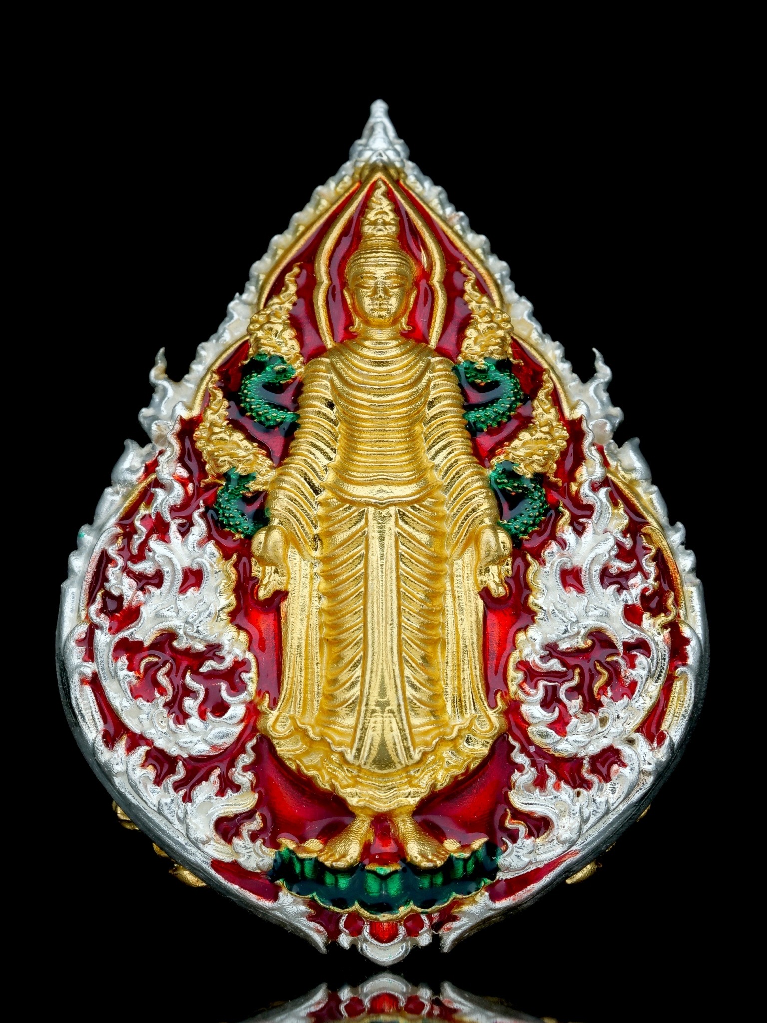 พระพุทธประทานพร รุ่น พุทธบารมี รหัส3 เนื้อบรอนซ์ชุบเงินชุบทอง ลงยาแดง องค์ชุบ2K