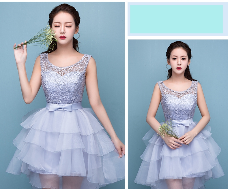 Pre-order ชุดราตรีสั้น หน้าสั้นหลังยาว แขนกุด คอกลม แต่งลูกไม้ช่วงอก คาดโบว์ที่เอว กระโปรงผ้าแก้วเป็นชั้น ๆ เชือกผูกหลัง