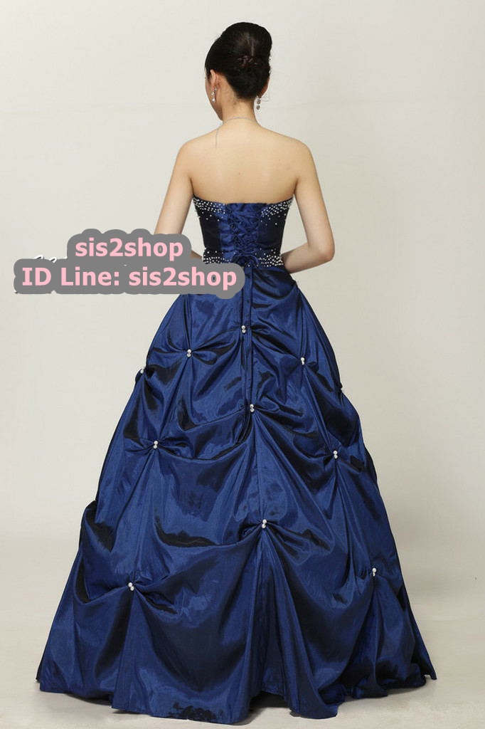 พร้อมเช่า ชุดแฟนซี ชุดราตรียาว สีน้ำเงินกรมท่า แต่งมุกช่วงอกและเอว กระโปรงทรงบอลลูน
