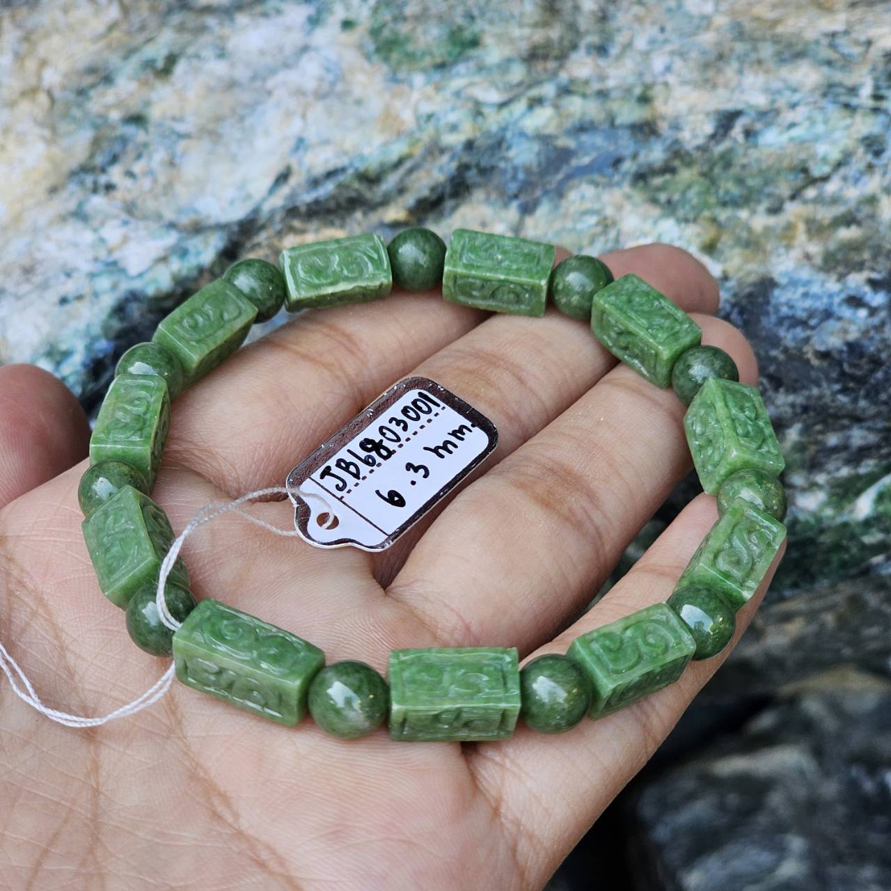 ๋JB6803001 หยก พม่า แท้ Jade กำไล ประคำหยกแกะสลัก 6.3 มม. (Jadeite Beads Bracelet) พม่า (Myanmar)