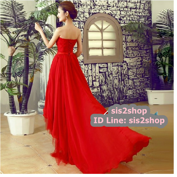 พร้อมส่ง ชุดราตรีสั้น เกาะอก หน้าสั้นหลังยาว คอจับเดรปรูปหัวใจ สีแดง