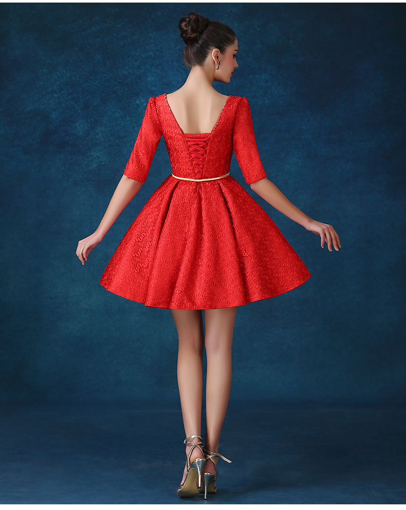 Pre-order ชุดราตรีสั้น ชุดเพื่อนเจ้าสาว สีชมพู สีแดง แขนกุด แต่งตัวชุดด้วยลูกไม้ ปักเลื่อม สวยหวาน เชือกผูกหลัง