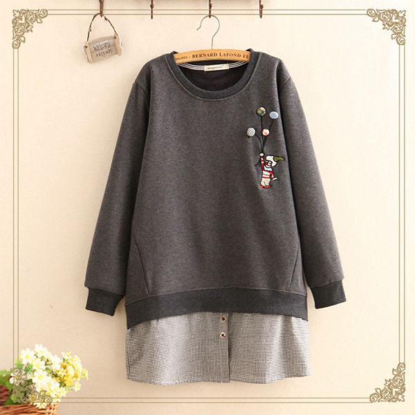 เสื้อสเวตเตอร์กันหนาวปักลายวินเทจ ซับกำมะหยี่เต็มตัว (12255LM)