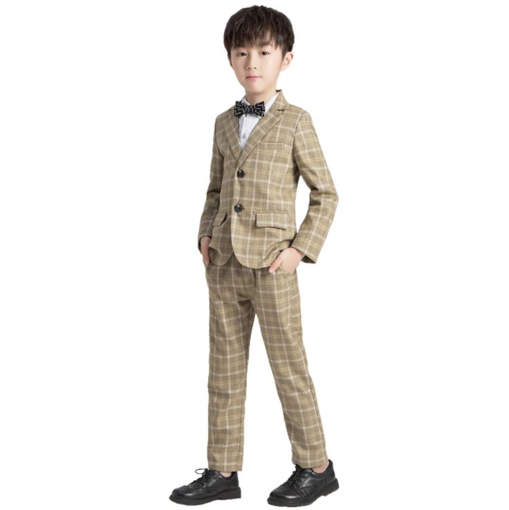 เช่า ชุดสูทเด็กชาย สีเบจกากีลายตาราง สไตล์เกาหลี