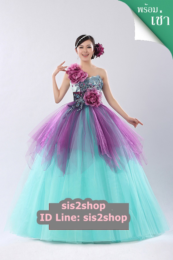 พร้อมเช่า ชุดแฟนซี ชุดราตรียาว สีฟ้ามิ้นต์ แต่งผ้าโปรงสีม่วง ประดับเลื่อมและดอกไม้