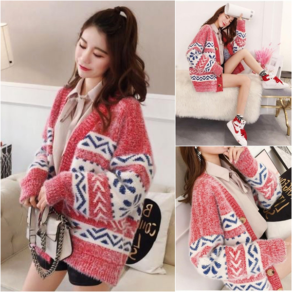 คาร์ดิแกนกันหนาวรุ่นหนา เสื้อคลุมไหมพรมขนนุ่มถักลายวินเทจ (12275B)