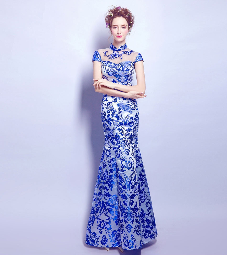 Pre-order ชุดแฟนซี ชุดราตรียาว คอจีน สีน้ำเงิน ทรงหางปลา สวยหรู