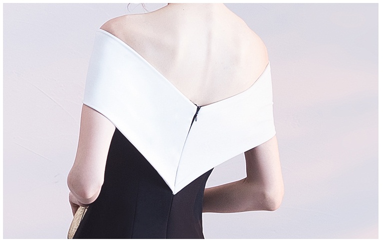 ชุดราตรียาวแบบไหล่ปาดสีทูโทน ทรงเข้ารูป แบบเก๋ (ซิปหลัง)