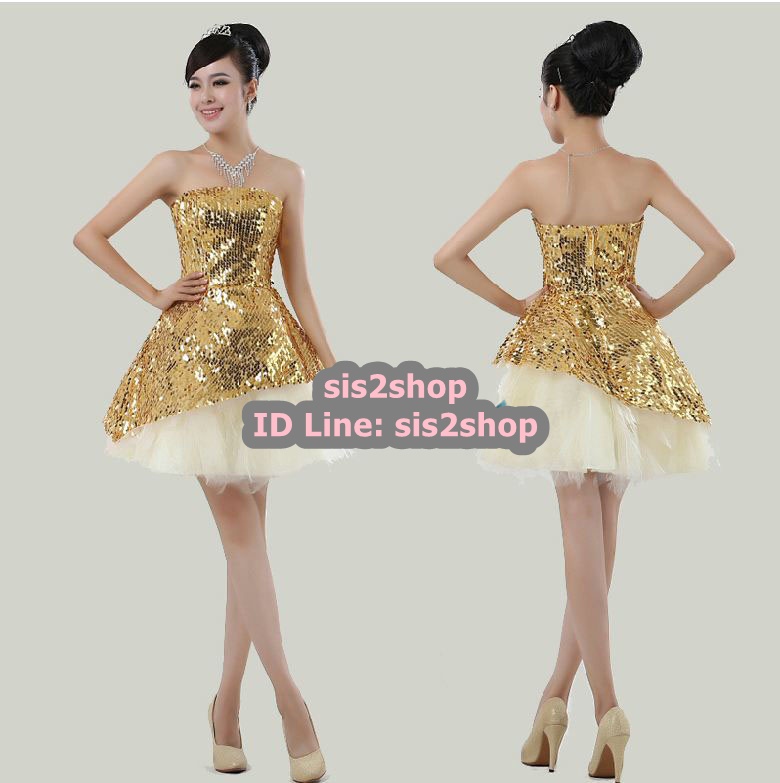 พร้อมส่ง ชุดราตรีสั้น เกาะอก สีทอง ช่วงอกผ้าปักเลื่อม กระโปรงผ้าโปร่ง ทรง Tutu วนิดา (เชือกผูกหลัง)