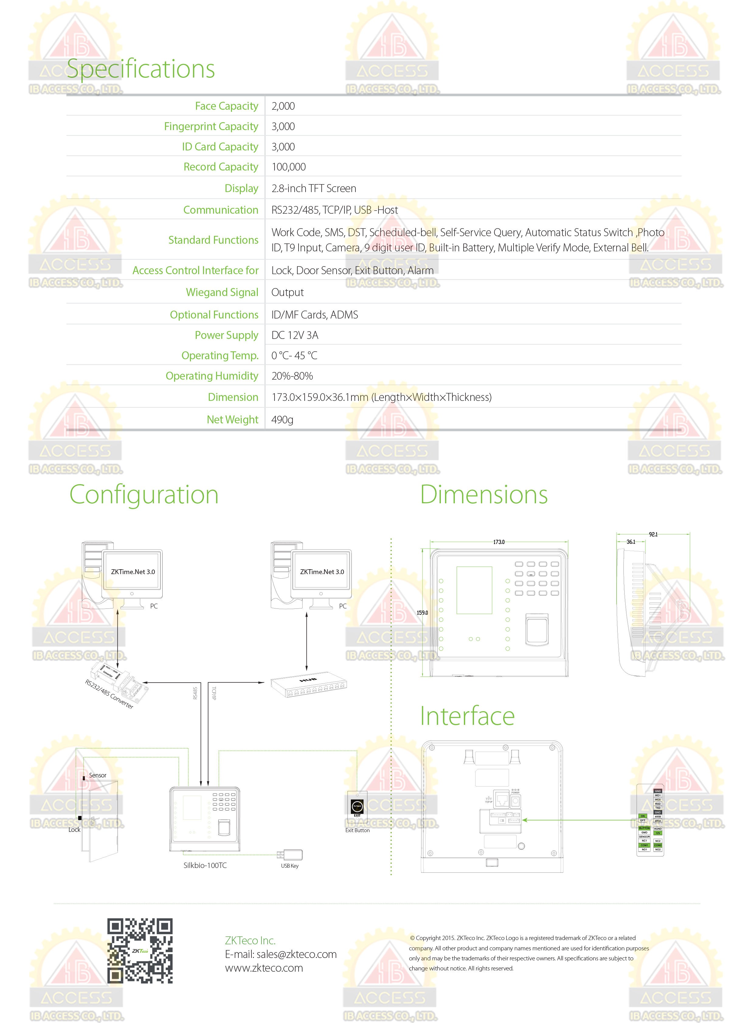 เครื่องสแกนใบหน้า ยี่ห้อ ZKTeco รุ่น SilkBio-100TC รองรับระบบ Access Control