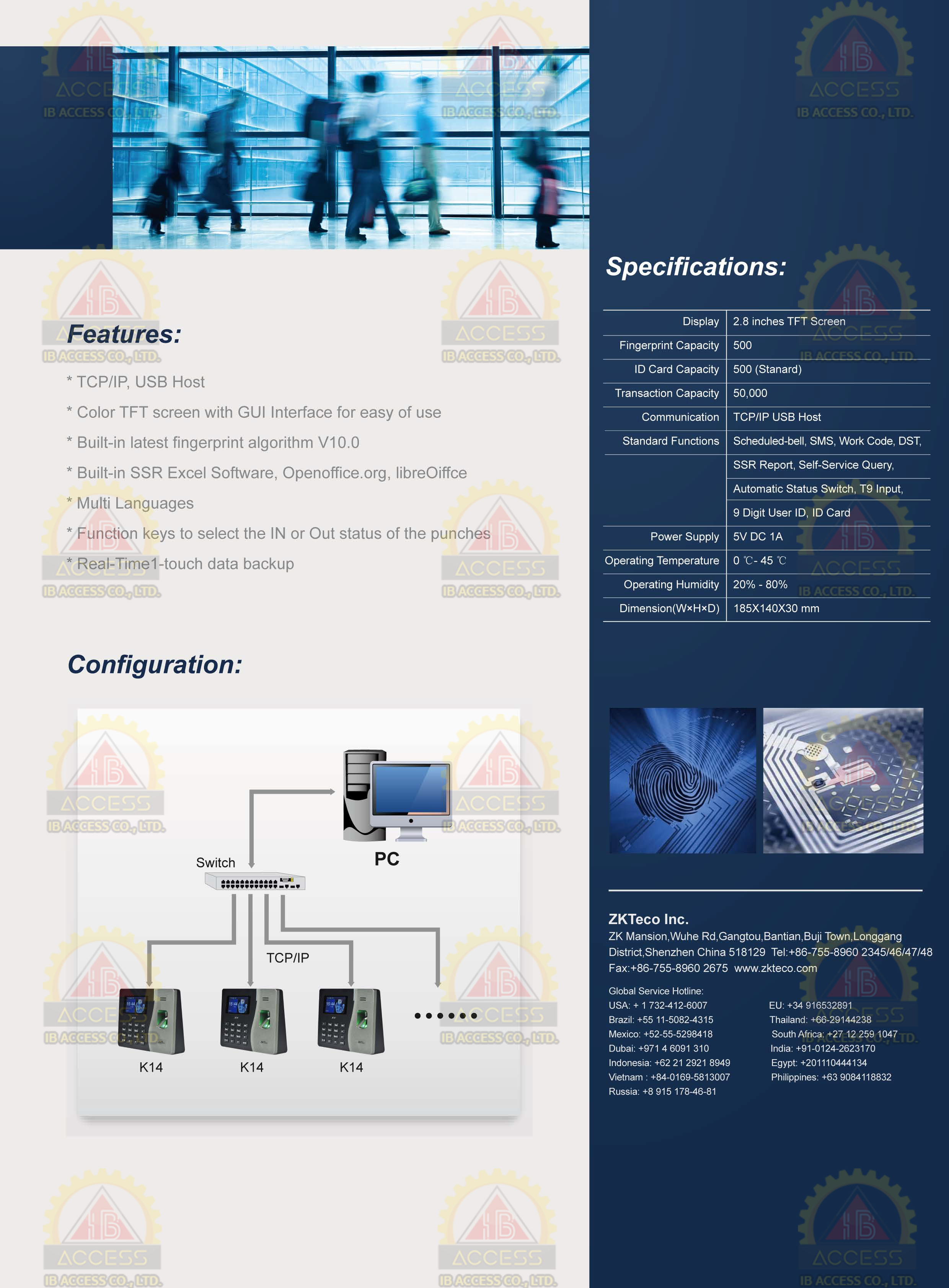 เครื่องสแกนลายนิ้วมือ ยี่ห้อ ZKTeco รุ่น K14