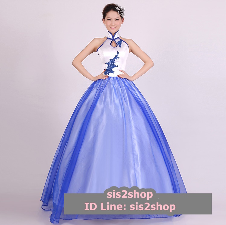 พร้อมเช่า ชุดแฟนซี ชุดราตรียาว ชุดจีน กี่เพ้า สีขาว น้ำเงิน แบบเก๋