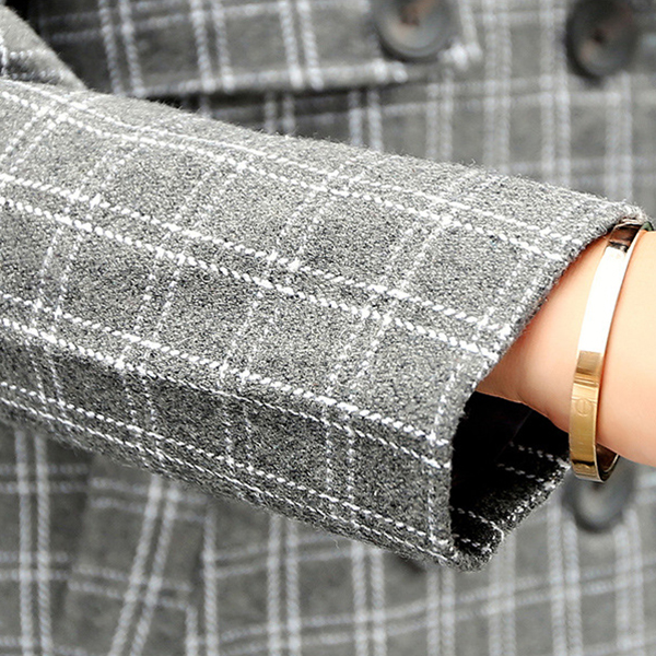 เสื้อโค้ทกันหนาวตัวยาว ผ้าวูลทอลายตาราง แต่งกระดุมคู่ (11857X)