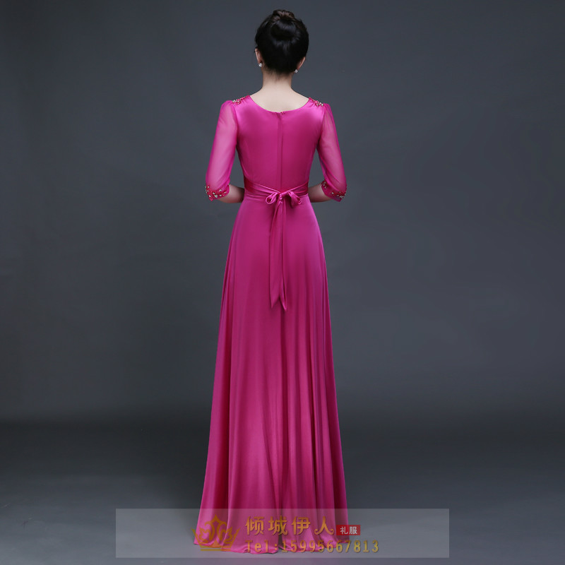 Pre-order ชุดราตรียาว แขนยาว คอกลม แต่งเพชร ผ้าชีฟอง กระโปรงยาว ปักดิ้น แต่งเลื่อม จับจีบเล็กน้อยช่วงอก