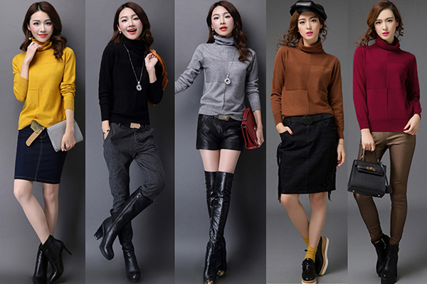 เสื้อสเวตเตอร์คอเต่า เสื้อไหมพรมวูลหนานุ่ม แขนยาว (12084B)