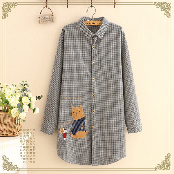 เดรสเชิ้ตลายสก็อต แขนยาว ปักลายวินเทจ (12142LM)