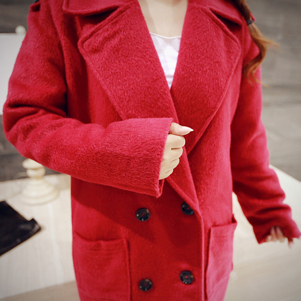 เสื้อโค้ทกันหนาวตัวยาว ผ้าวูลเนื้อหนาแต่งกระดุมคู่ (11730CV)