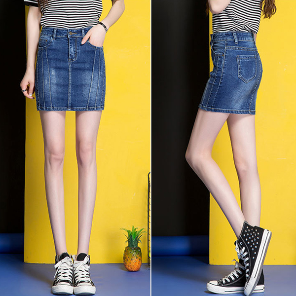 กระโปรงยีนส์แฟชั่น ทรงเอ แต่งกระเป๋าคู่ (11802X)