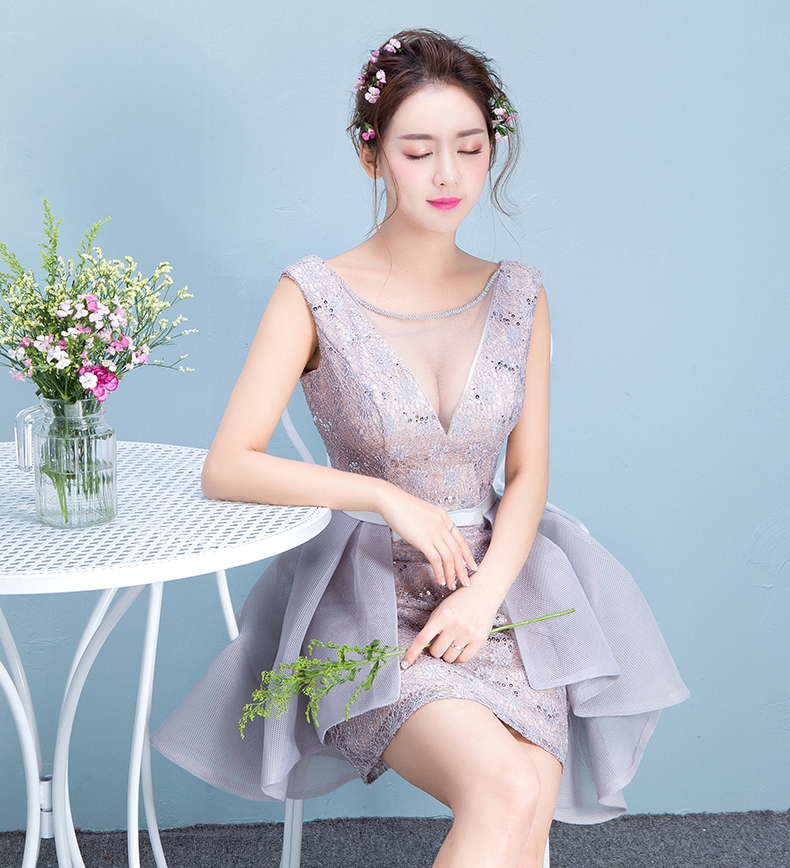 Pre-order ชุดราตรีสั้น แขนกุด คอวี ซีทรู เซ็กซี่ แต่งเลื่อมทั้งชุด แต่งผ้าตาข่ายระบาย เชือกผูกหลัง