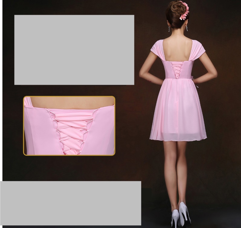 พร้อมส่ง ชุดราตรีสั้น สีชมพู ผ้าชีฟอง อกจับจีบแต่งดอกช่วงเอว แขนใส่ได้ 2แบบ แขนกุด/ปิดไหล่ (เชือกผูกหลัง)