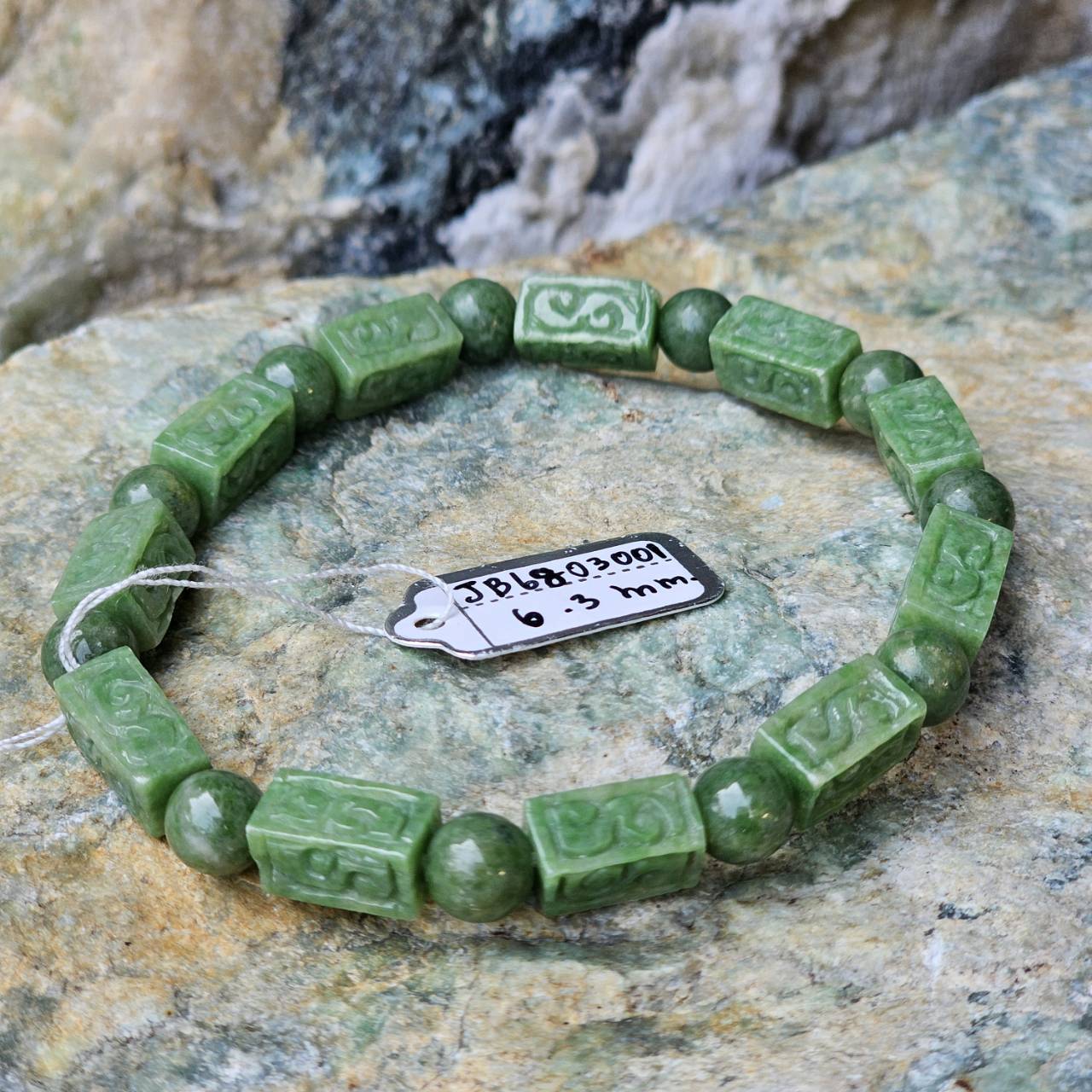 ๋JB6803001 หยก พม่า แท้ Jade กำไล ประคำหยกแกะสลัก 6.3 มม. (Jadeite Beads Bracelet) พม่า (Myanmar)