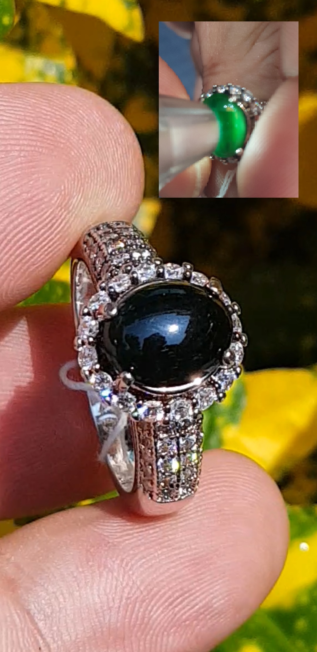 หยก พม่า แท้ Jade แหวนหยก หยกดำ ส่องเขียว (Black jadeite) 1.59 กะรัต (Cts.) Size 60 ดิบ ไม่ผ่านการปรับปรุง (Type A) พม่า (Myanmar)