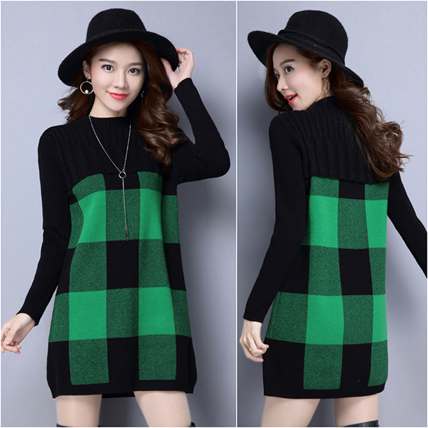 เดรสไหมพรมคอเต่า แขนยาว ถักลายตาราง (12219B)