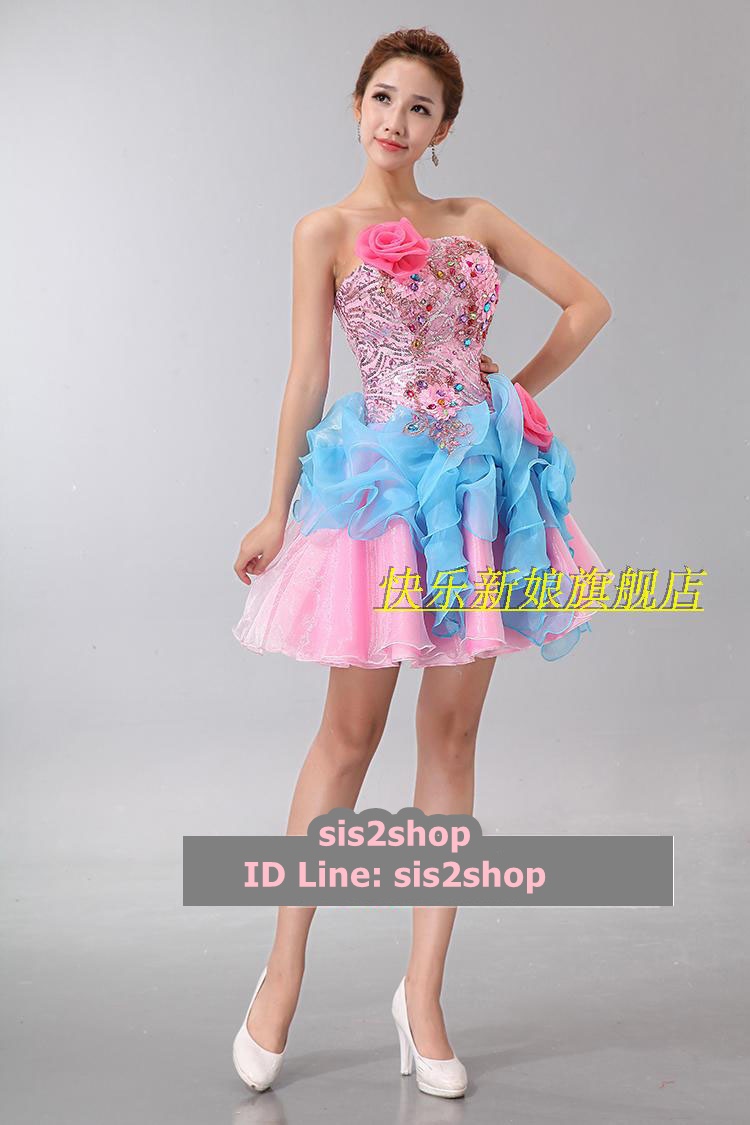 พร้อมเช่า ชุดแฟนซี ชุดราตรีสั้น เกาะอก ปักเลื่อมช่วงอก กระโปรงแต่งดอก สวยงาม