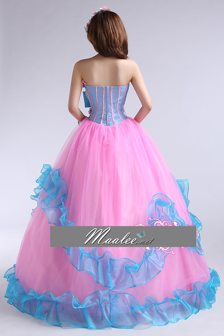 พร้อมเช่า ชุดแฟนซี ชุดราตรี สีฟ้า เกาะอก ไหล่เดียว แต่งดอกช่วงอกและเอว เชือกผูกหลัง กระโปรงพองสวย สไตล์เจ้าหญิง