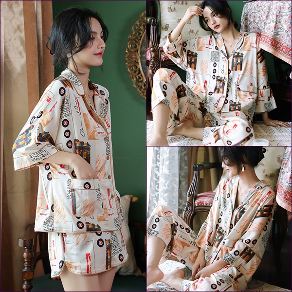 🚩พร้อมส่ง🚩ชุดนอน Silk Satin ชุดนอนซาตินเกรดพรีเมี่ยม สีครีมทอลายวินเทจ ผ้านุ่มลื่นละมุนผิว (ST139)