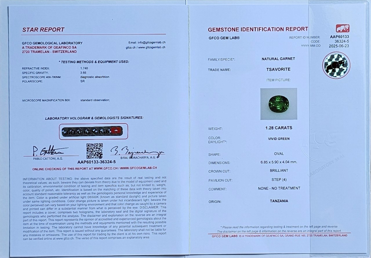 พลอย ซาโวไรท์ Tsavorite Garnet 1.28 กะรัต (Cts.) ดิบ Unheated พร้อมใบเซอร์ อัญมณีมงคลประจําวันเกิด เครื่องประดับพลอย