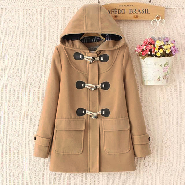 เสื้อโค้ทกันหนาววินเทจ มีฮู้ดแต่งกระดุมเขี้ยว ซับผ้าลายสก็อต (11724LM)