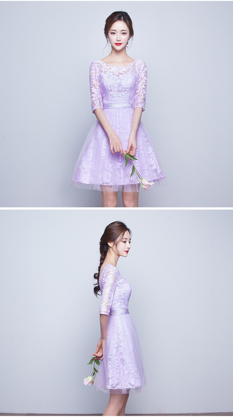 Pre-order ชุดราตรีสั้น ชุดเพื่อนเจ้าสาว แขนสามส่วน แต่งลูกไม้ ผ้าตาข่าย คาดผ้าที่เอว เชือกผูกหลัง